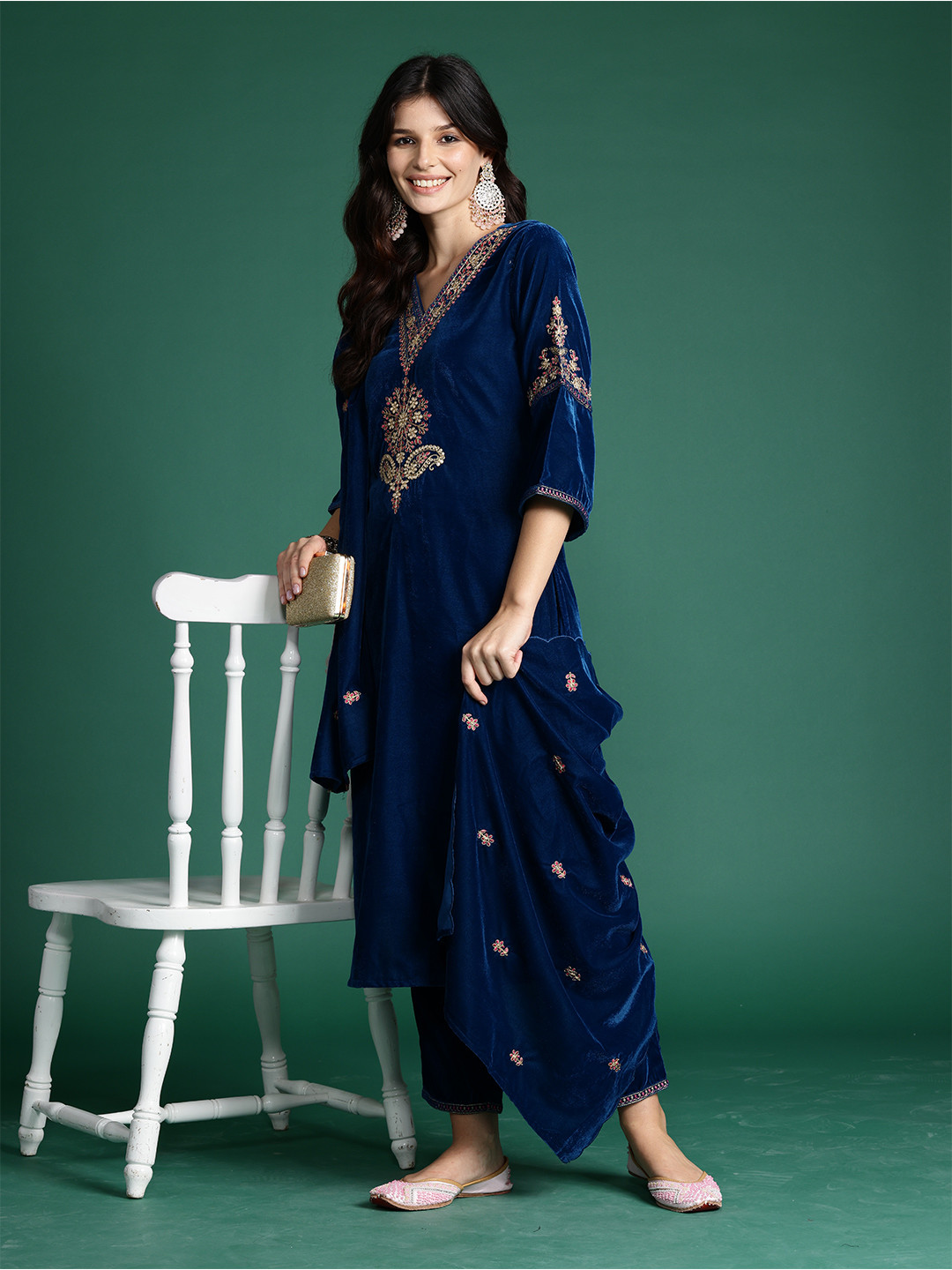 Lime Green Floral Yoke Design Kurta Set for Women – Thread Work Kurta with Trousers & Printed Dupatta | Indiaista