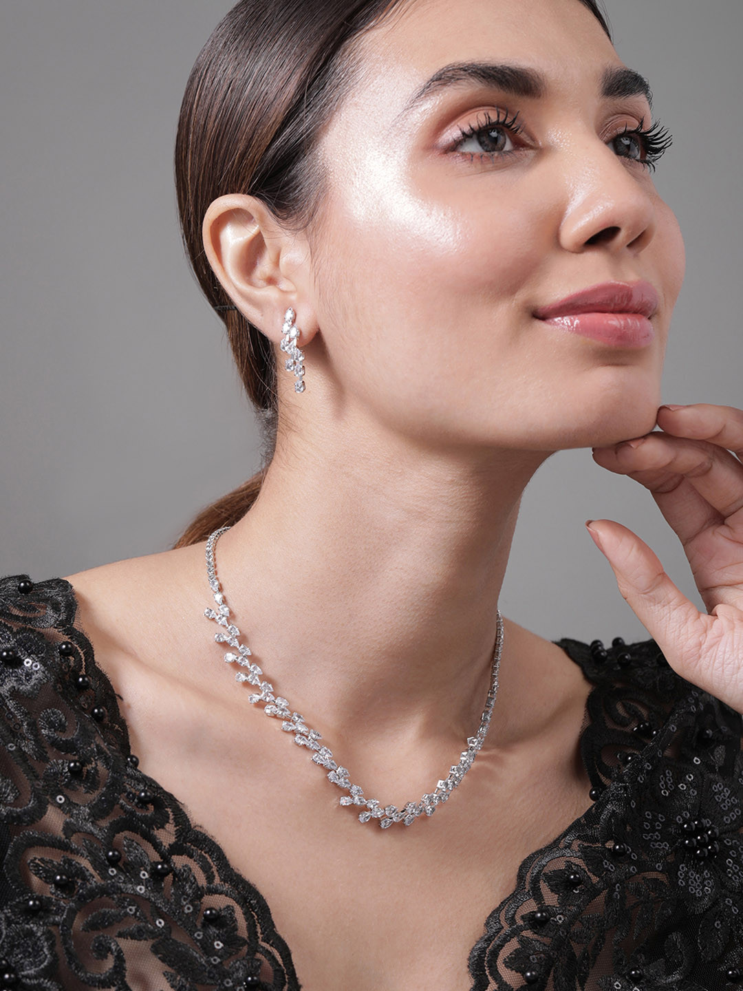 Women Rhodium Plated Ruby & Cubic Zirconia Studded Jewellery Set