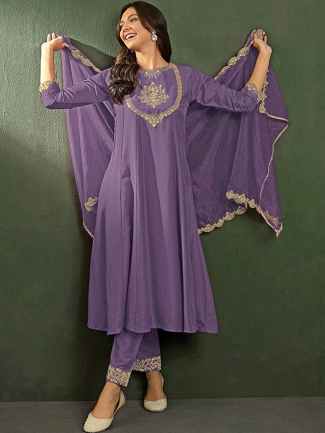 Women Maroon Floral Anarkali Kurta With Pencil Pants & Dupatta