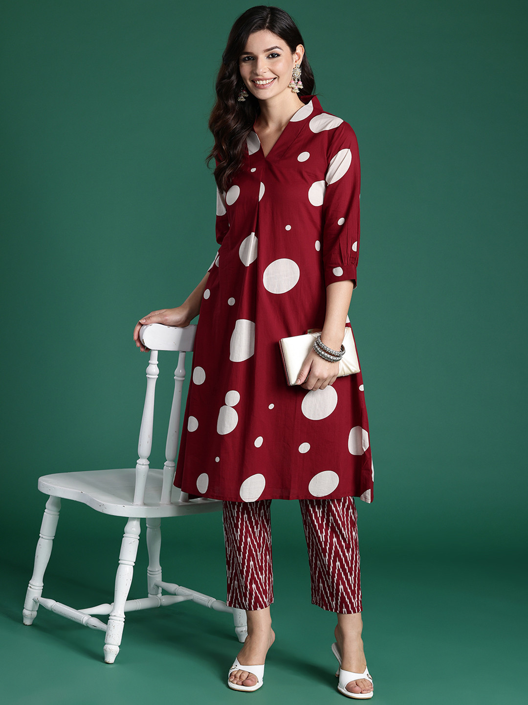 Indo Era Maroon Printed A-line Kurta