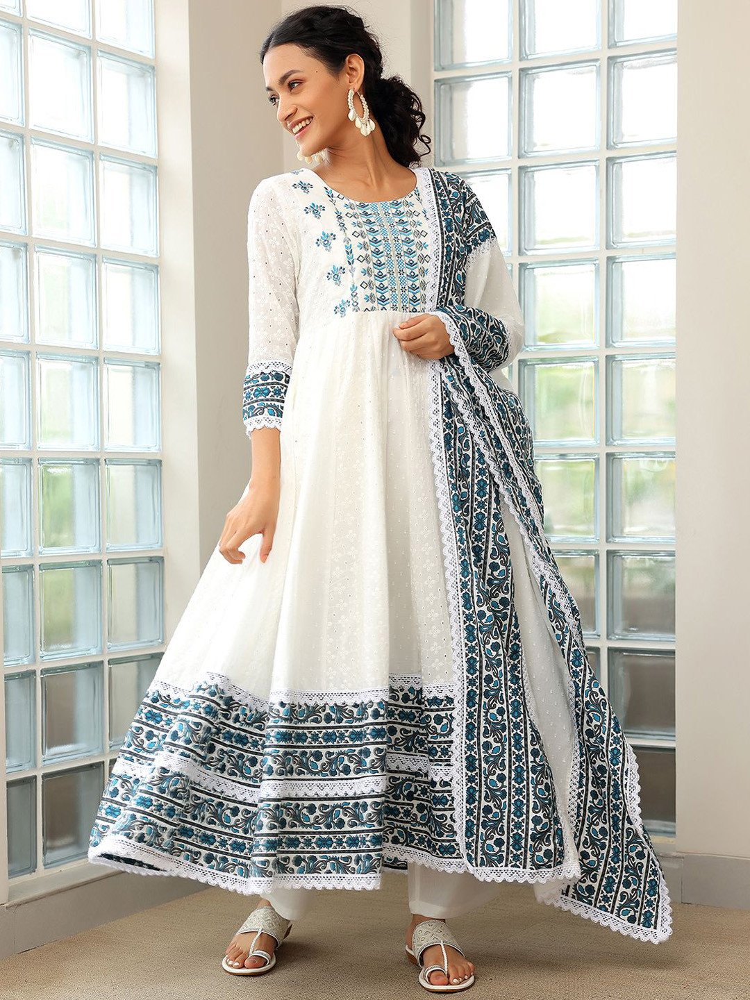 Floral Printed Anarkali Pure Cotton Kurta with Trousers & Dupatta
