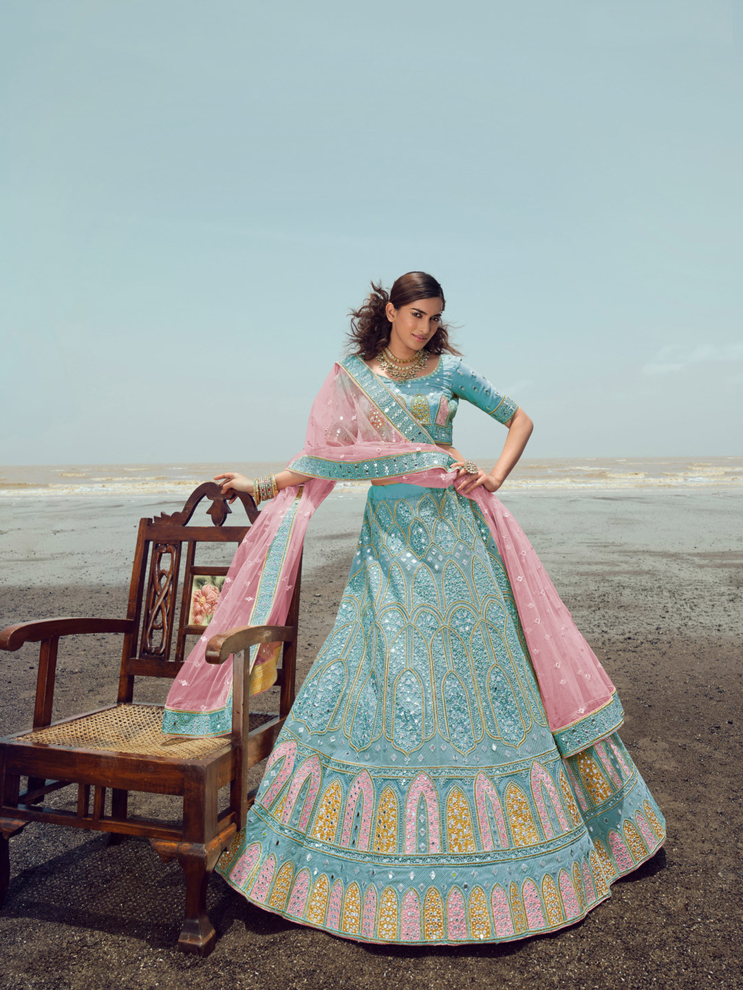 Green Embroidered Beads and Stones Semi-Stitched Lehenga & Unstitched Blouse With Dupatta