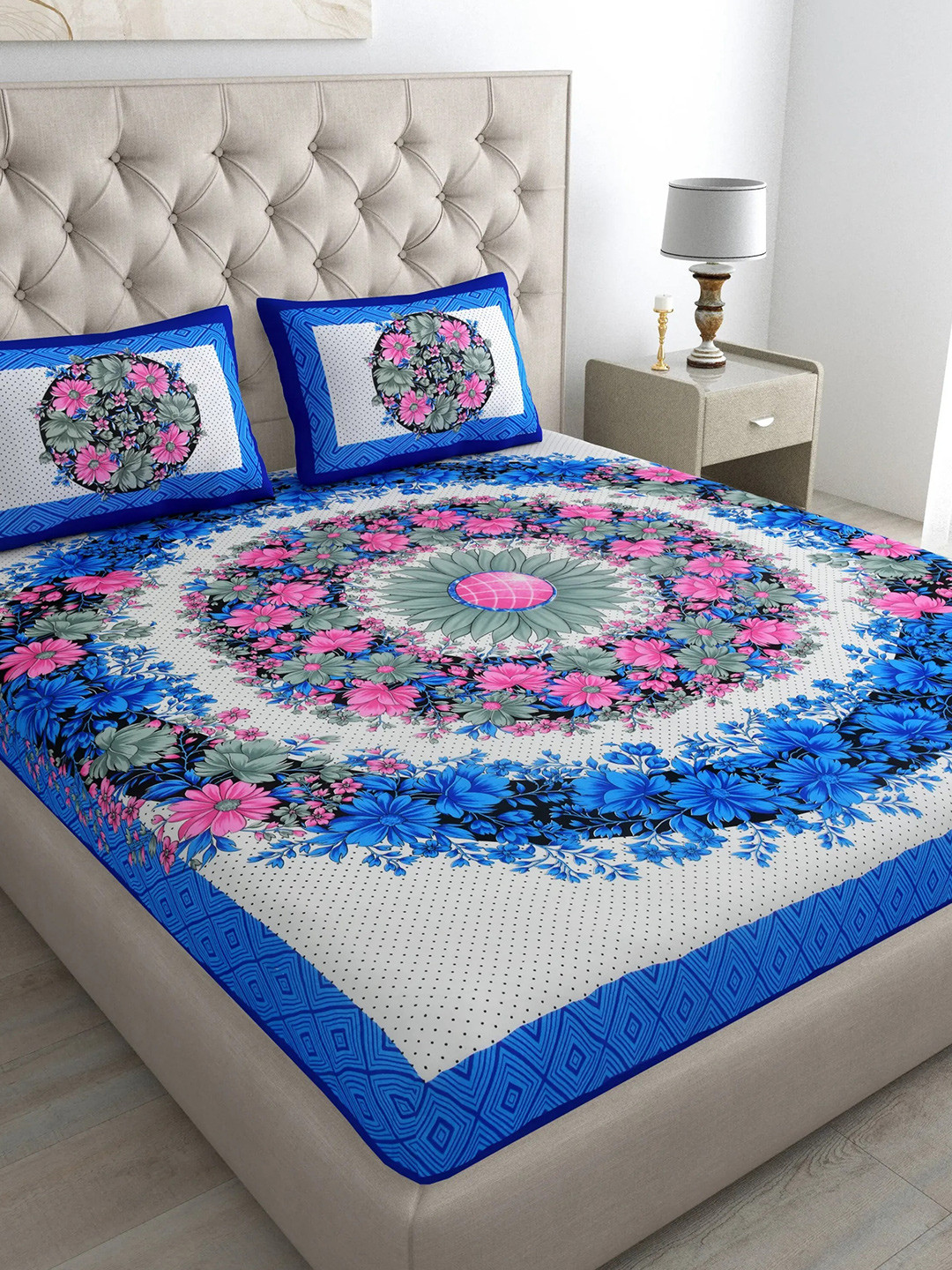 buy-living-roots-blue-pink-printed-210-tc-cotton-queen-bedsheet-with