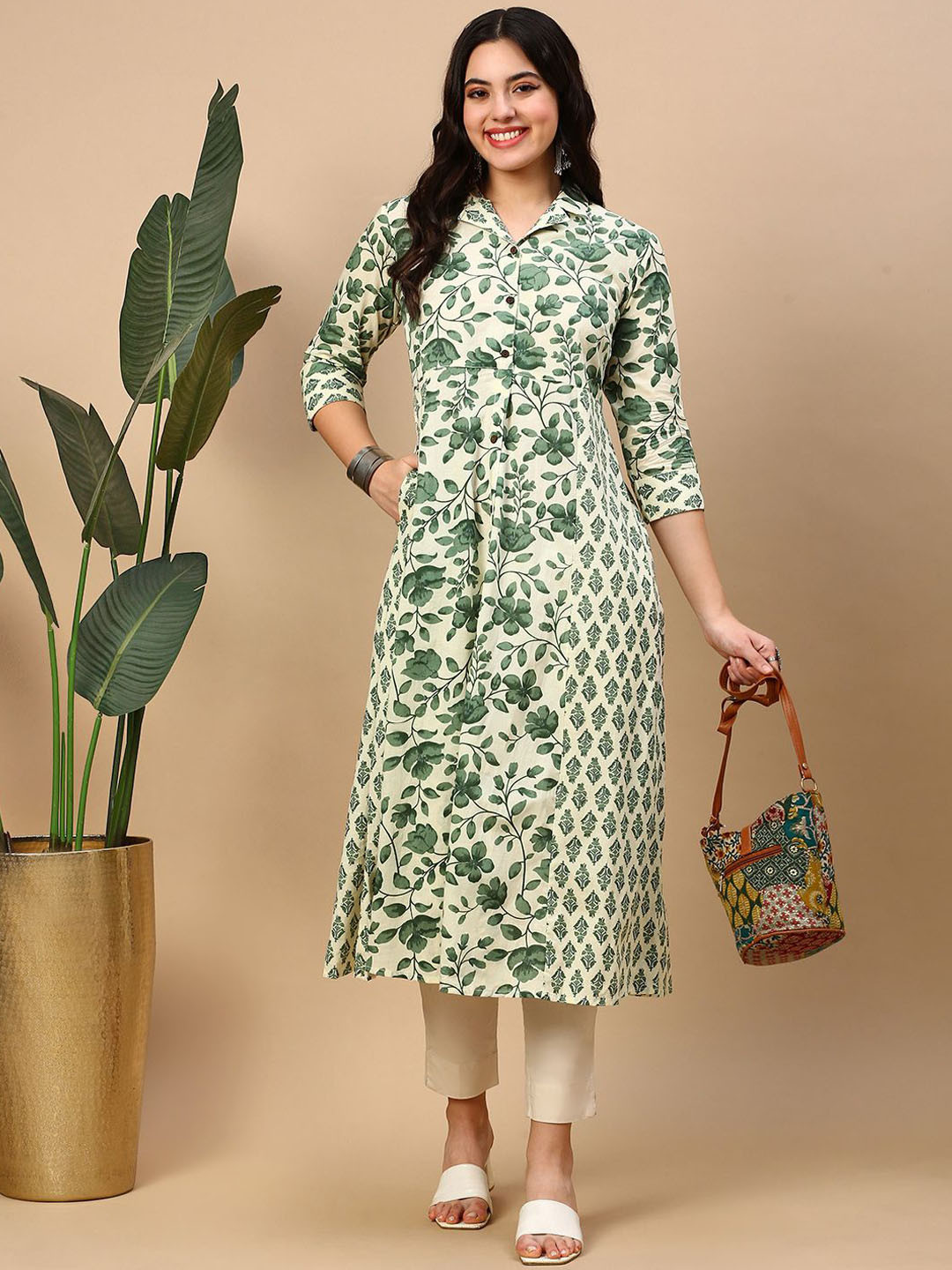 Floral Printed Shirt Collar Kurta with Dhoti Pants