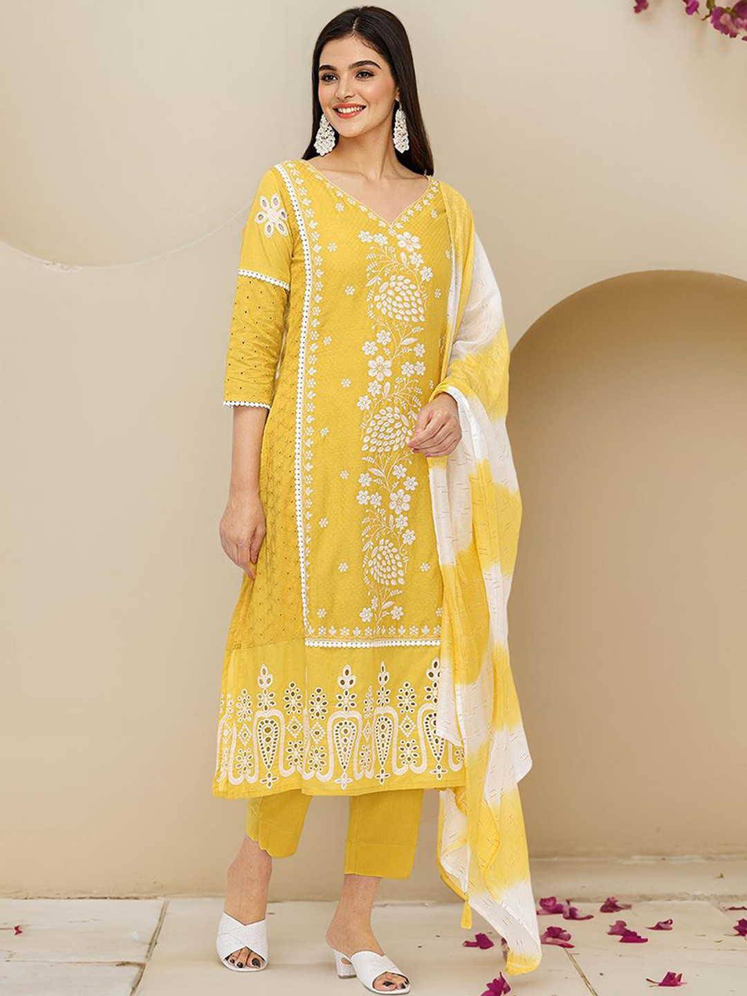 Women Floral embroidered Yellow Round Neck Pure Cotton Kurta With Trouser & Dupatta Set