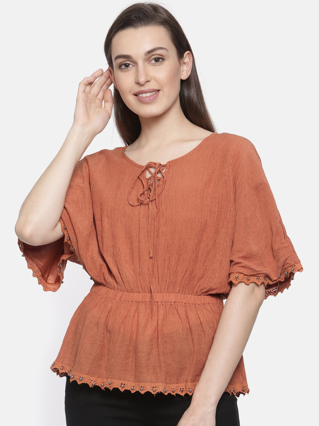 Buy Deal Jeans Women Rust Orange Solid Cinched Waist Top Tops for