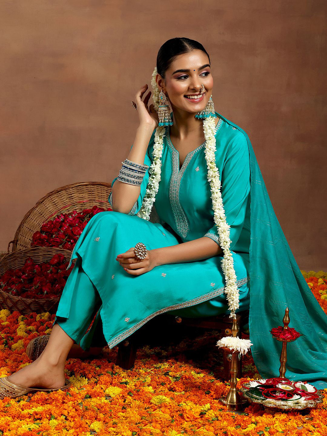 Teal Embroidered Liva Straight Kurta Sets With Dupatta