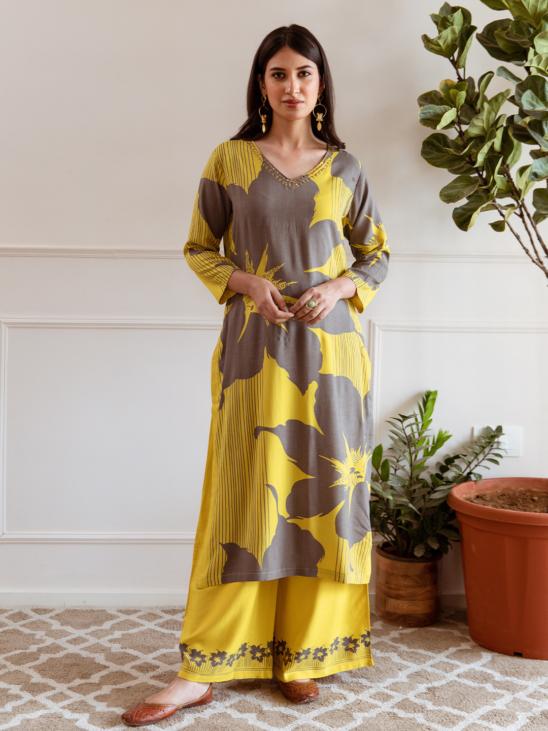 Ishin Women’s Cotton Kurta Set – Yellow Embroidered Kurta With Palazzo & Dupatta, Size XL - View #2
