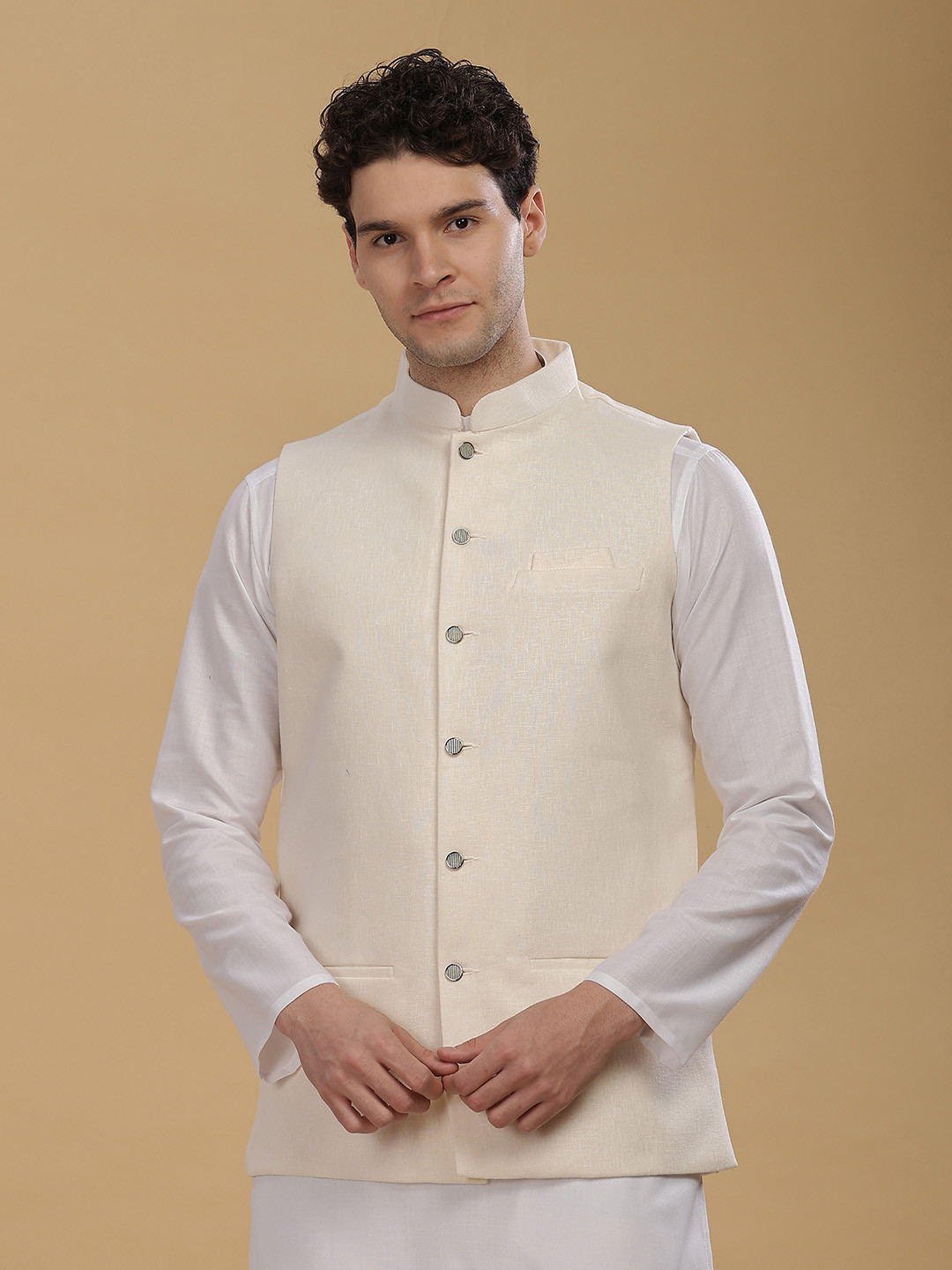 Men’s Off-White Printed Cotton Linen Nehru Jacket – Traditional Elegance