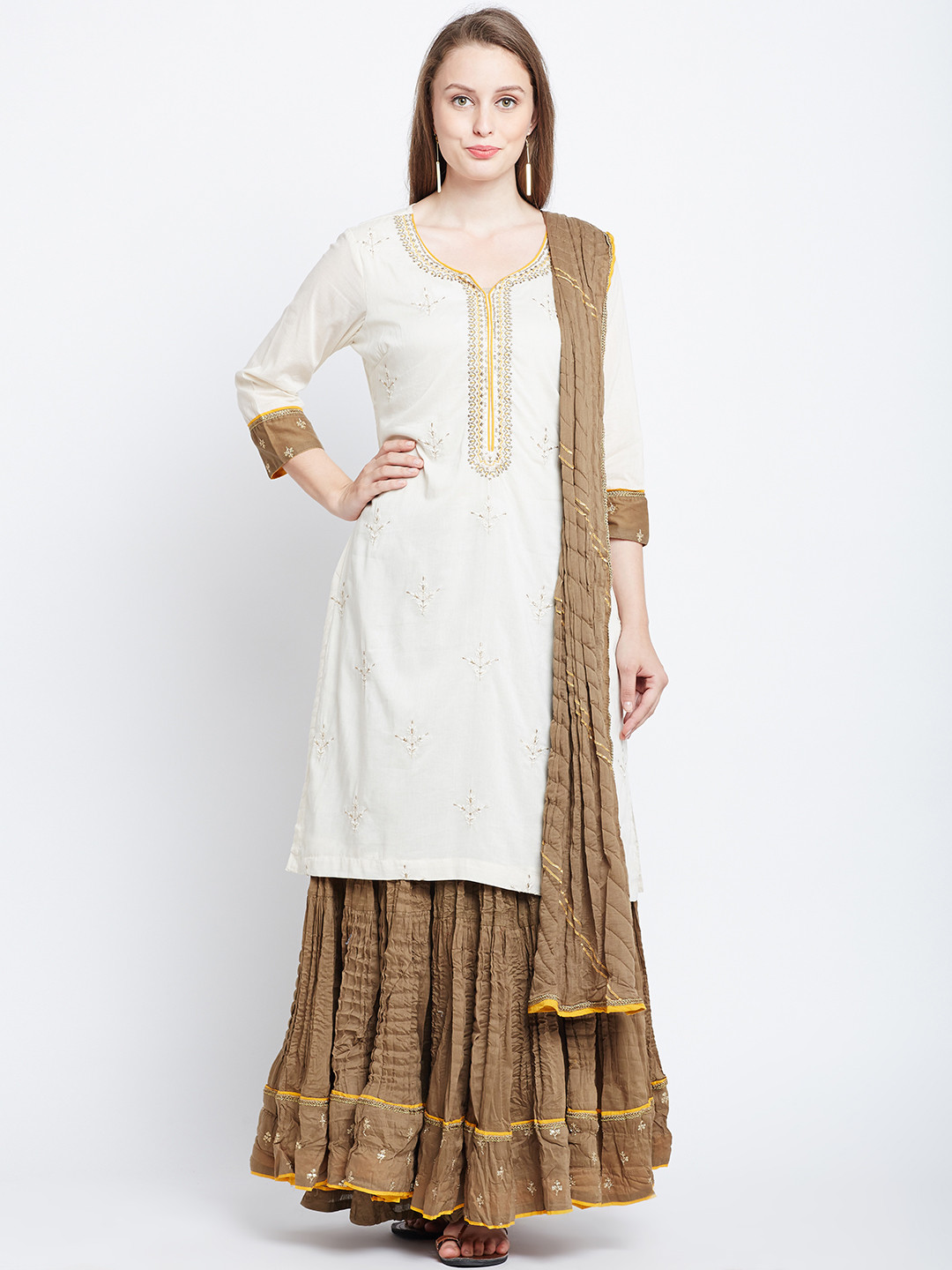 Buy Biba Women Off White & Brown Embroidered Kurta With Skirt & Dupatta