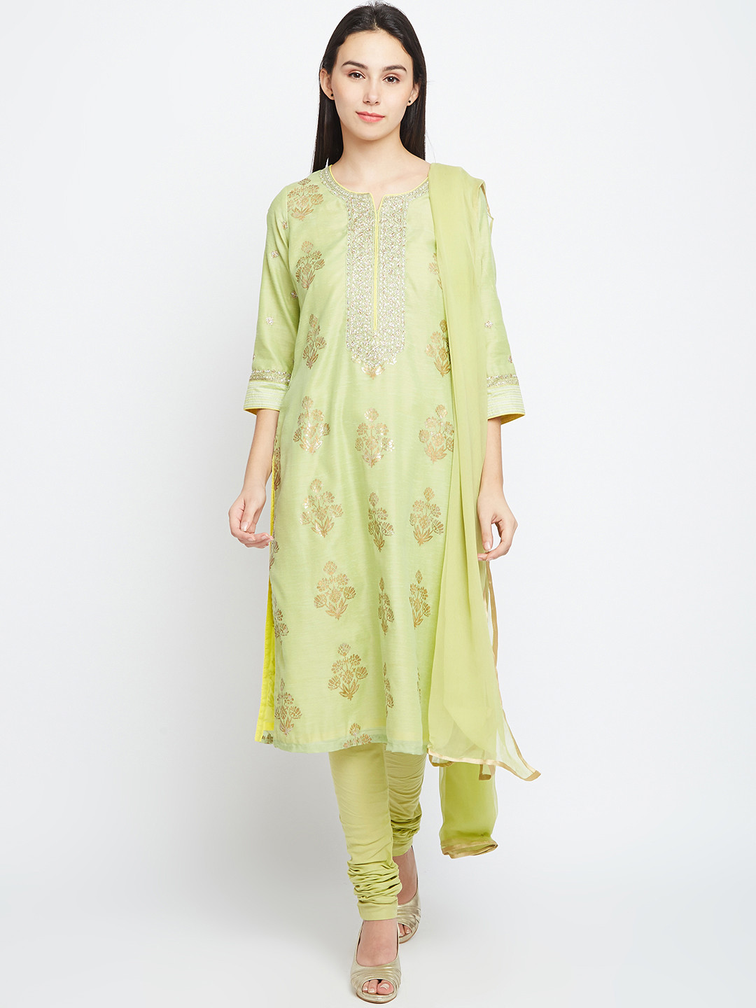 Buy Biba Women Green Printed Kurta With Churidar & Dupatta Kurta Sets