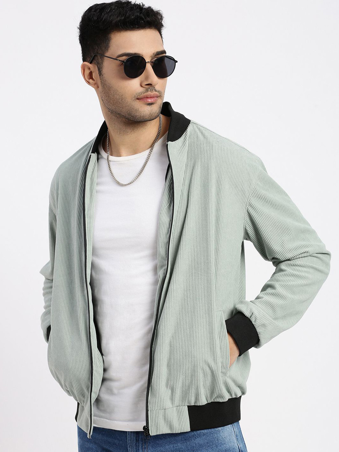 Men's Mandarin Collar Solid Navy Blue Bomber Jacket