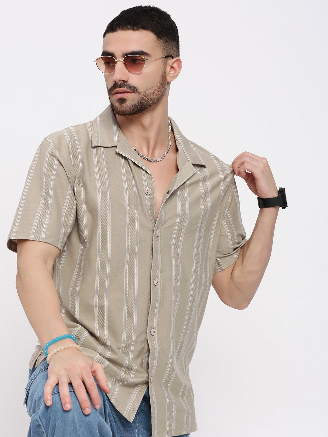 Men's Pink Comfort Cuban Collar Vertical Striped Cotton Relaxed Fit Casual Shirt