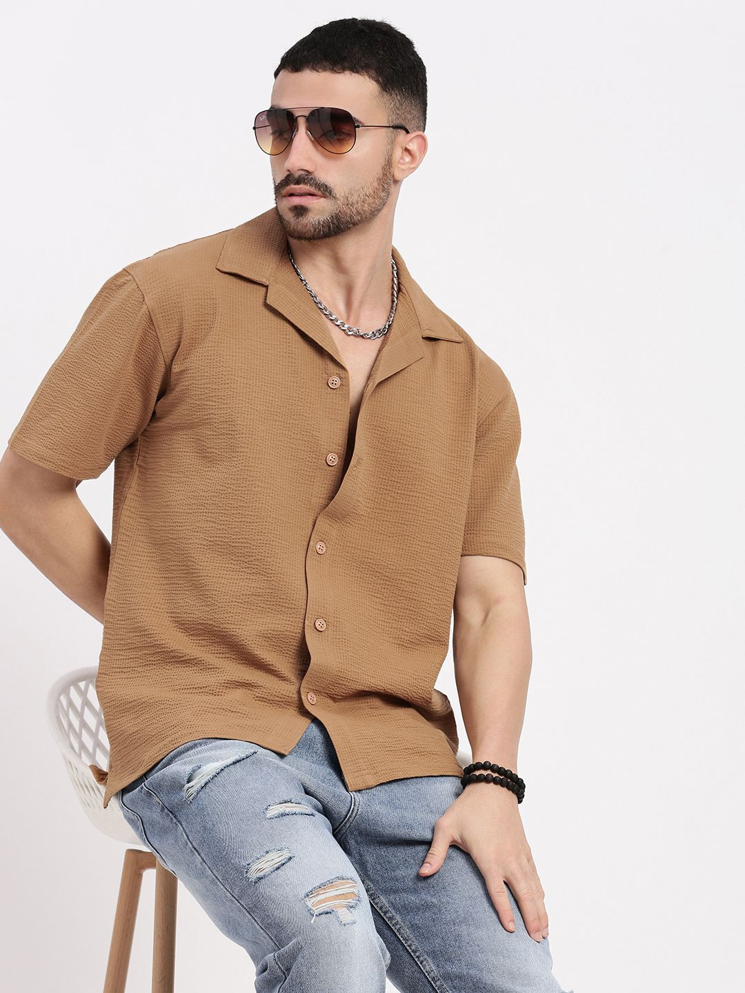 Men's Black Standard Cuban Collar Vertical Striped Cotton Relaxed Fit Casual Shirt