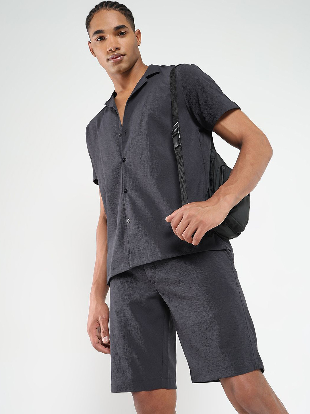 Men's Textured Off-White Cuban Collar Shirt & Shorts Co-ord Set