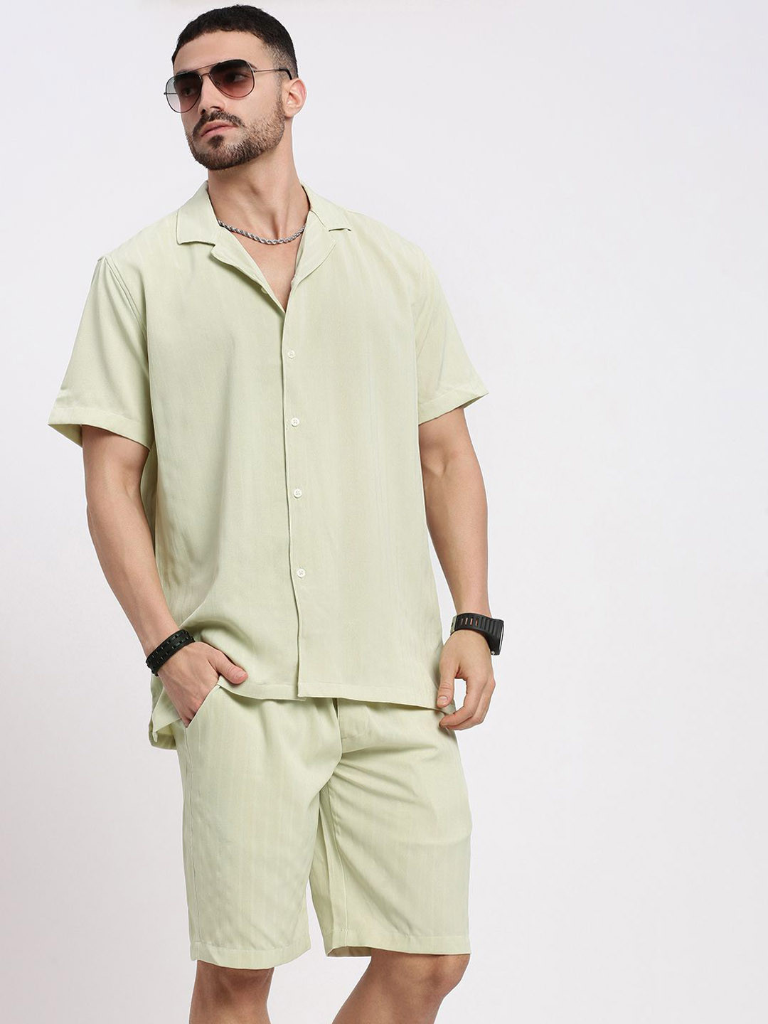 Men's Teal Abstract Cuban Collar Co-Ords Set