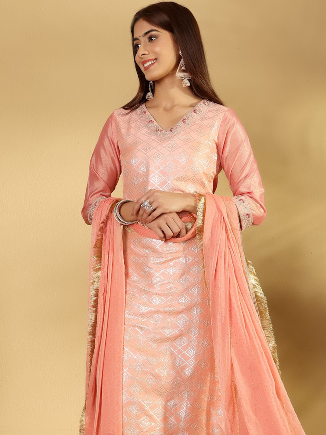 Varanga Ethnic Motifs Zari Embroidered Kurta with Trousers & Dupatta main image 0