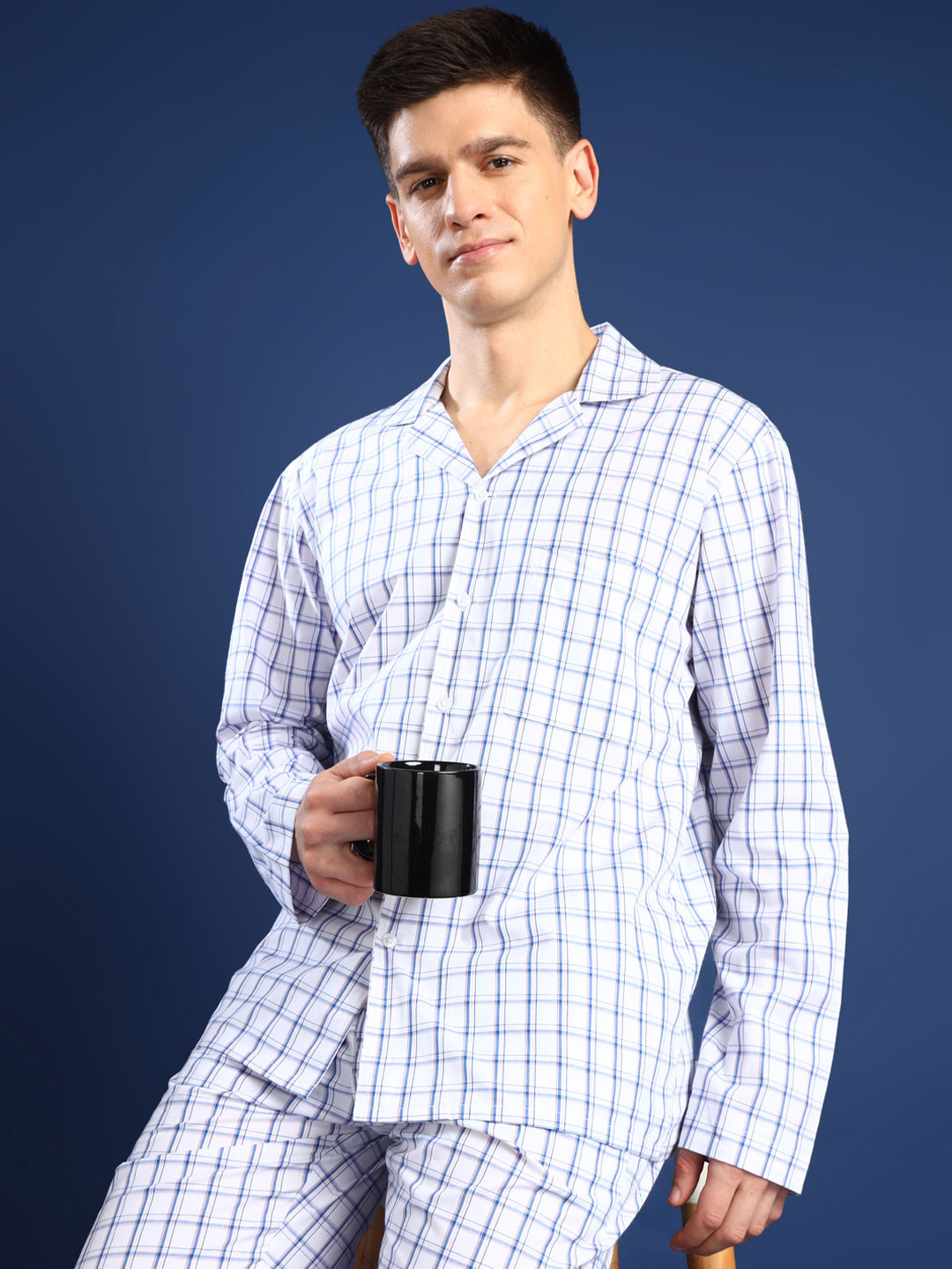 Men'S Teal Cotton Solid Night Suits