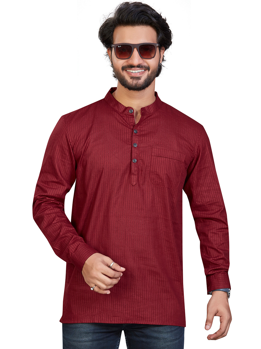 Sarjana Handicrafts Men's Cotton Striped Short Kurta – Casual & Handmade In India