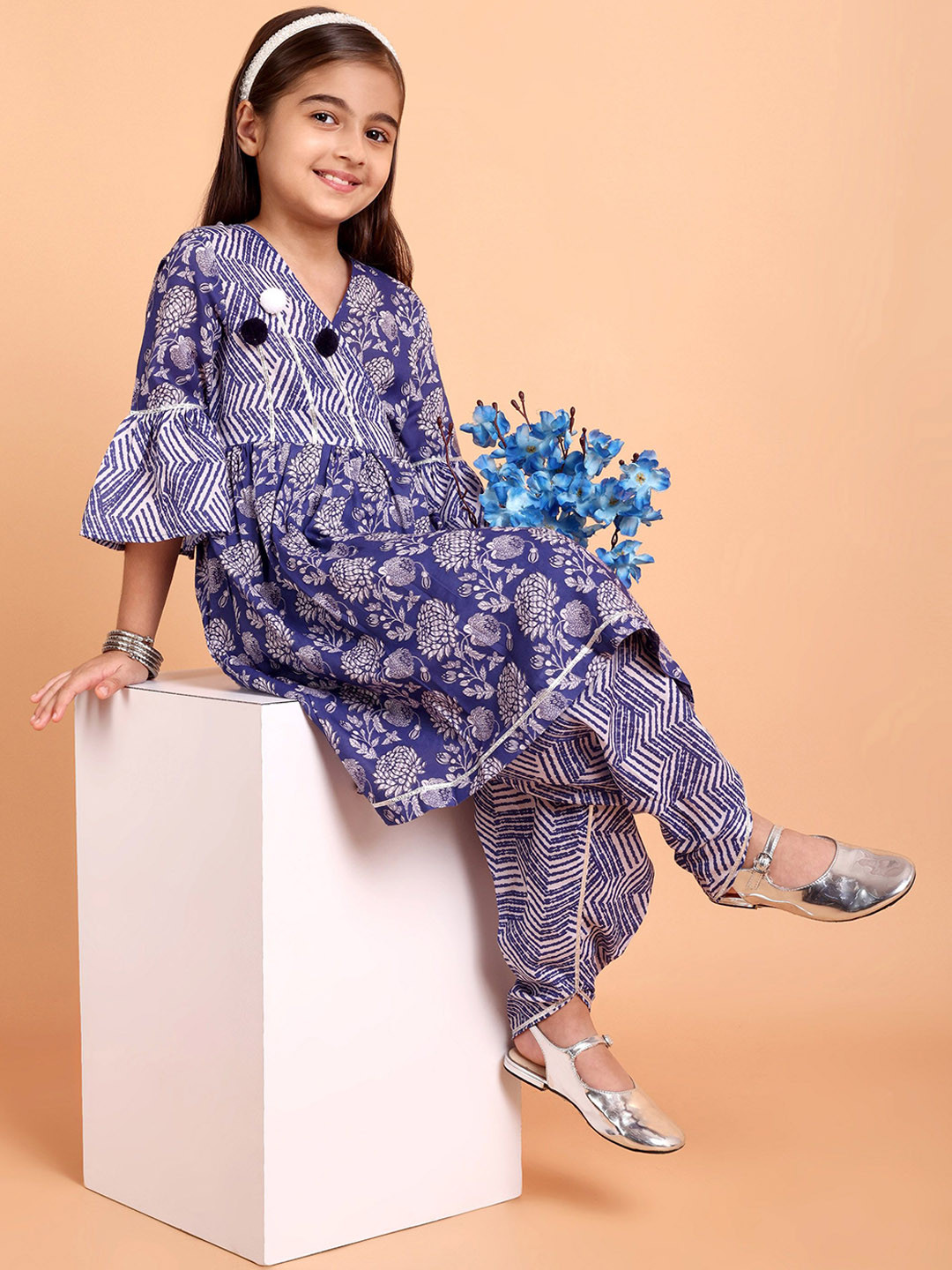Girls Peach Floral Printed Angrakha Gotta Patti Kurta & Sharara set With Dupatta