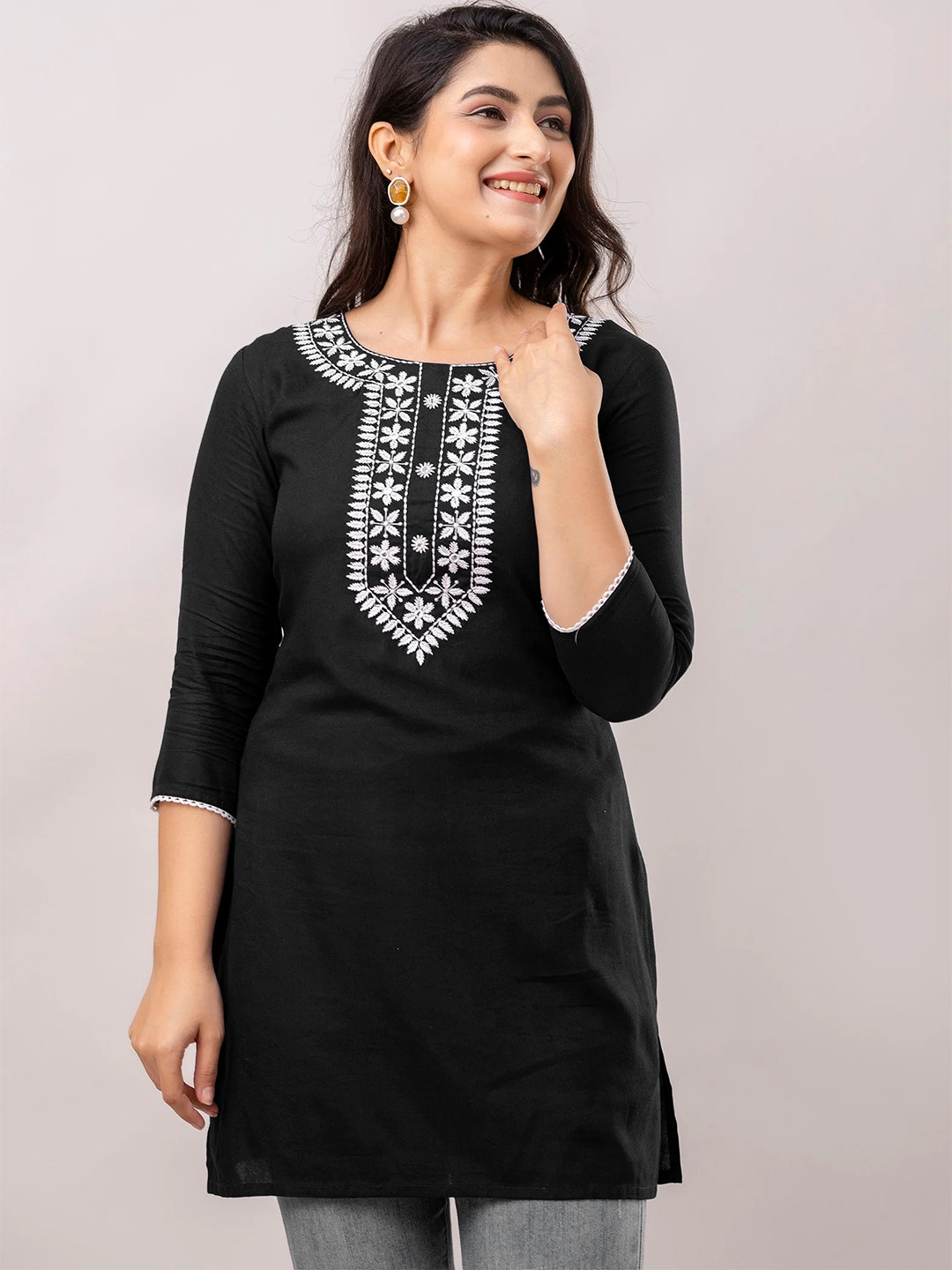 Charming Pink Cotton Kurti with White Mirror Work