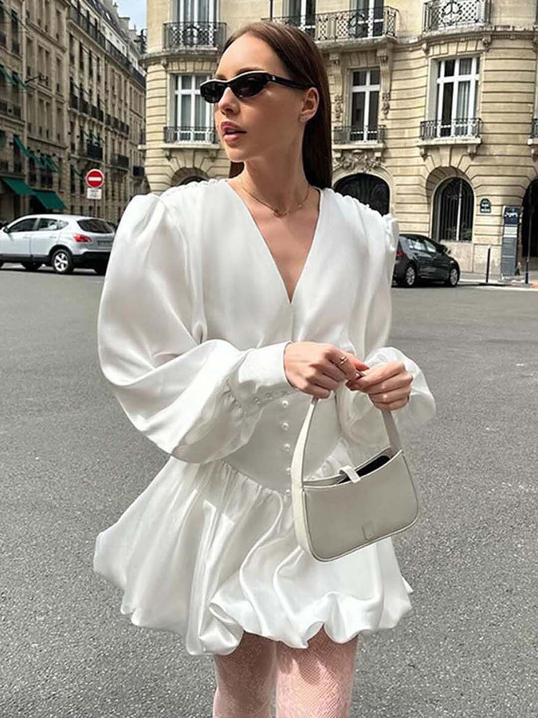 She + Sky Crinkle Woven V-Neck Balloon Sleeve Mini Dress