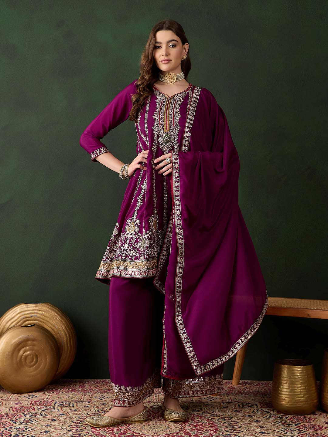 Women's Beige Ethnic Motifs Sequinned Kurta Sets with Palazzos & Dupatta