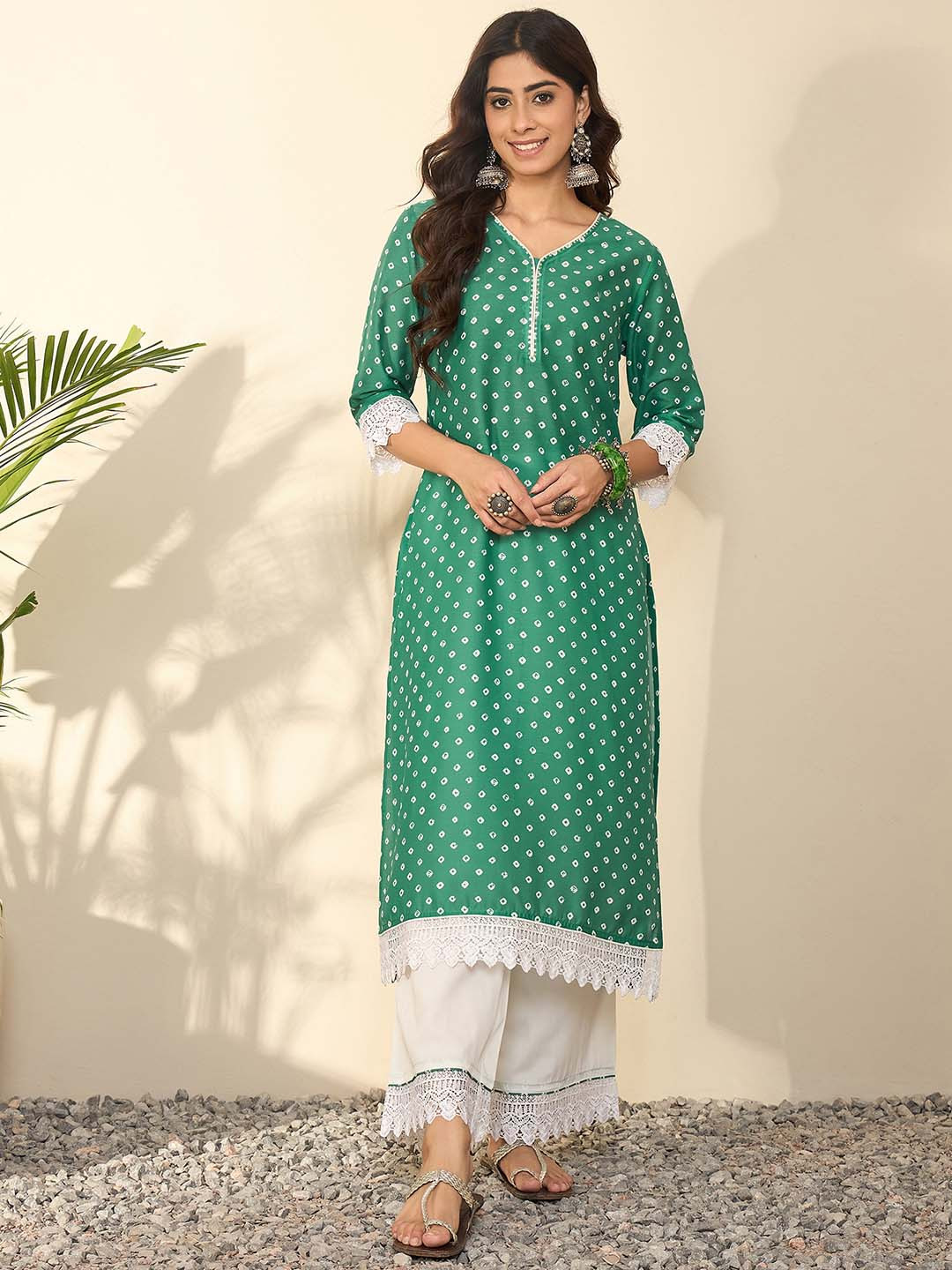 Women Green & Yellow Bandhani Print Kurta With Palazzos
