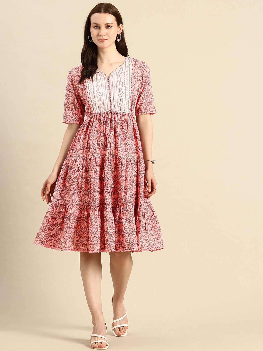 Women's Grey Ethnic Motifs Printed Cotton Fit & Flare Dress