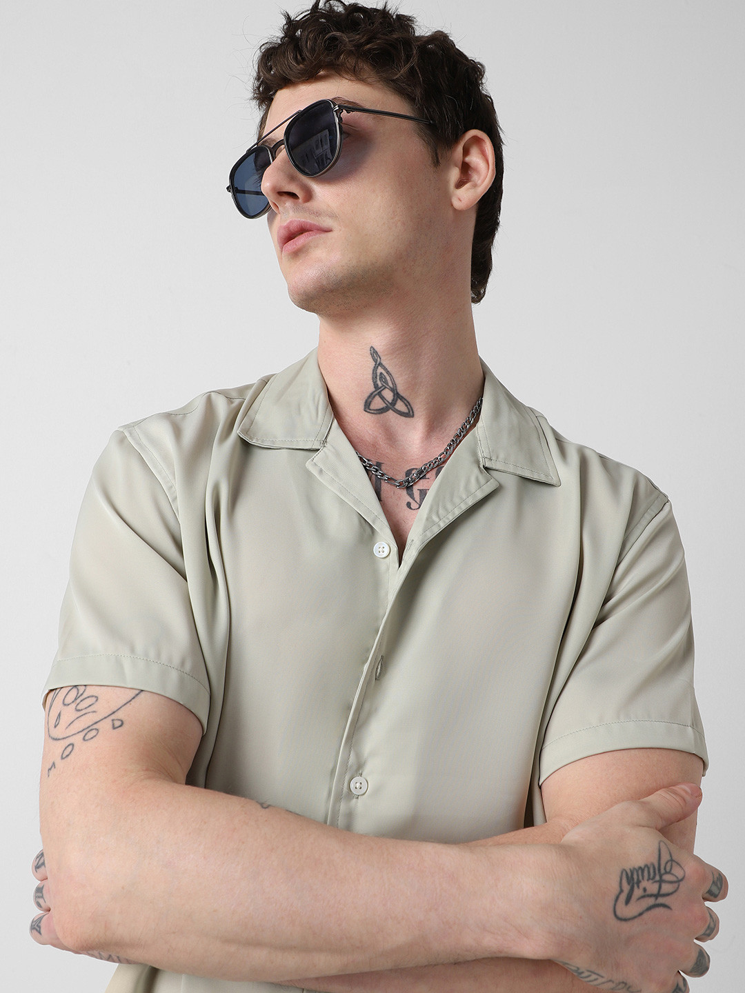 Men's Olive Cuban Collar Standard Opaque Casual Shirt