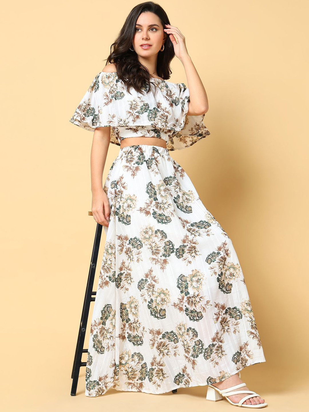 HYFVE Floral Off-Shoulder Flounce Sleeve Top and Skirt Set