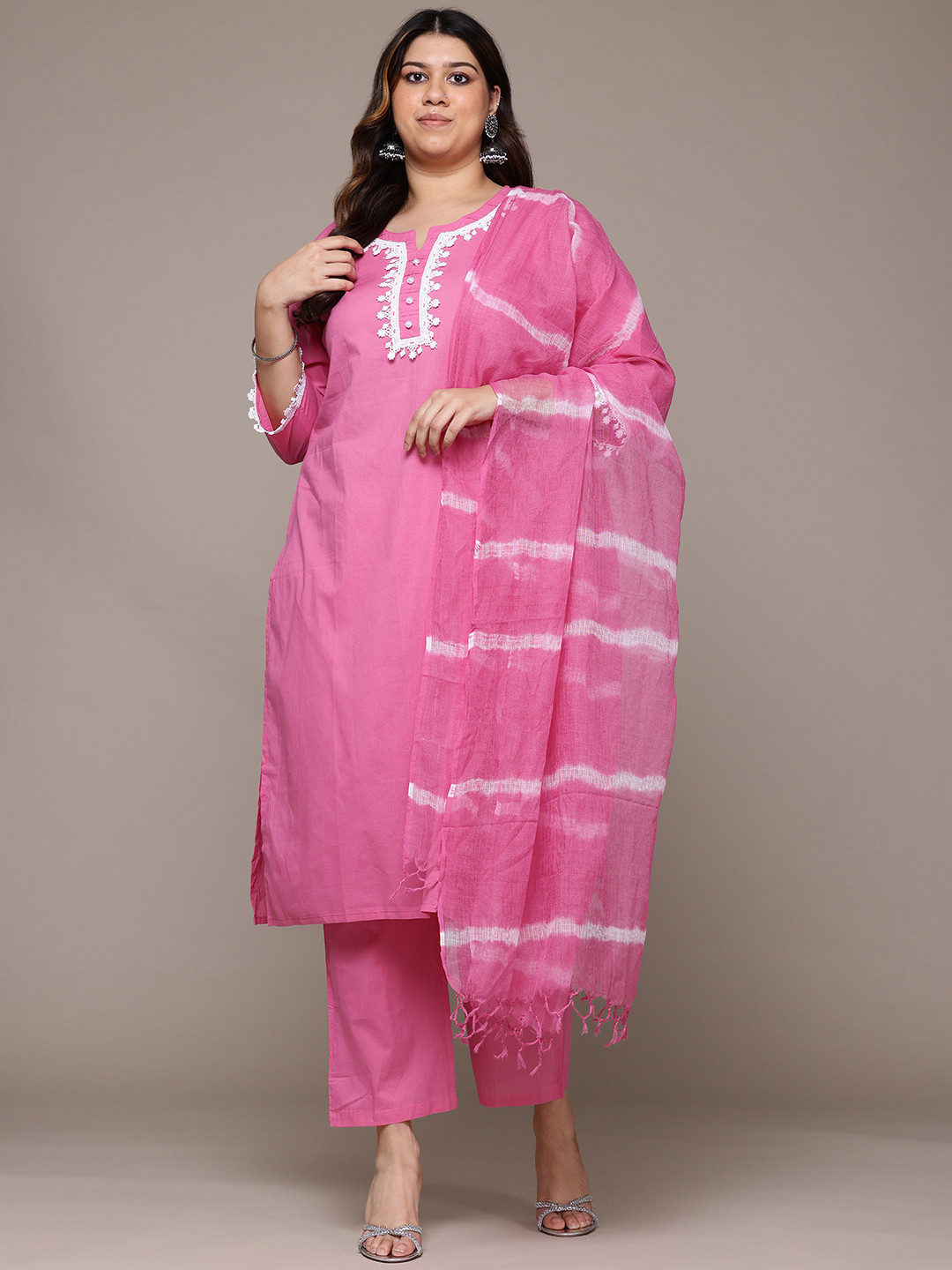 Plus Size White Printed Cotton Kurta With Palazzos & Dupatta