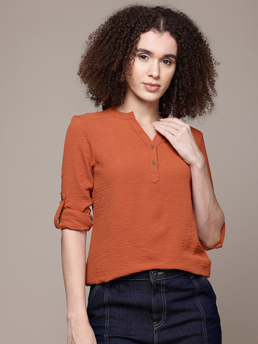 Green Mandarin Coller Roll Up Sleeves Viscose Rayon Top