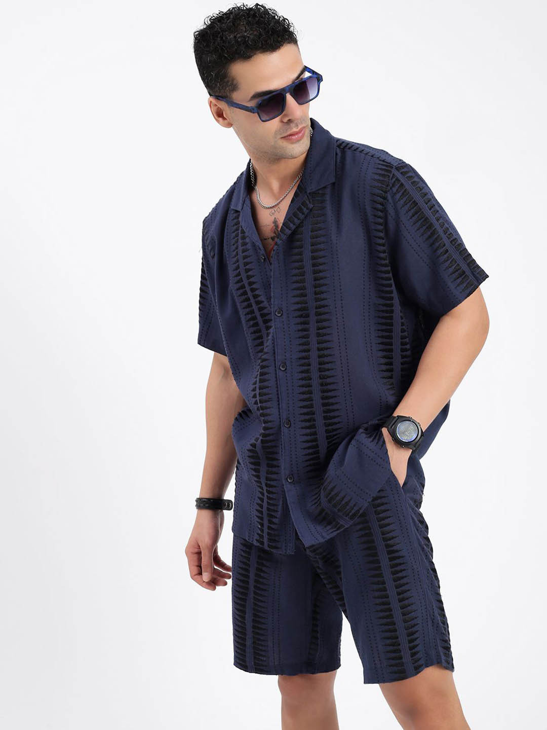 Men's Printed Cuban Collar Green Relaxed Fit Co-Ords Set