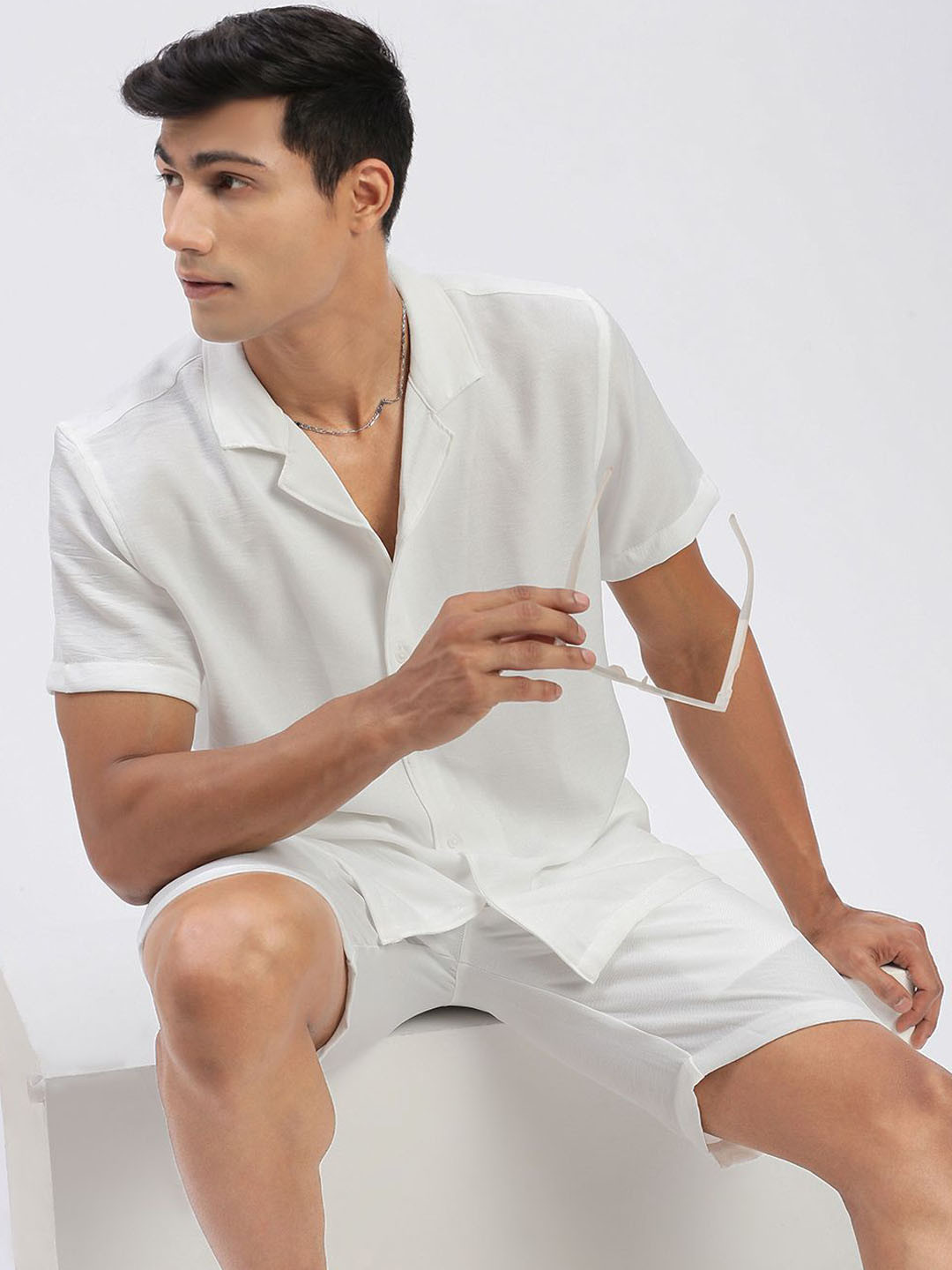 Men's Striped Black Relaxed Fit Cuban Collar Shirt & Shorts Co-ord Set