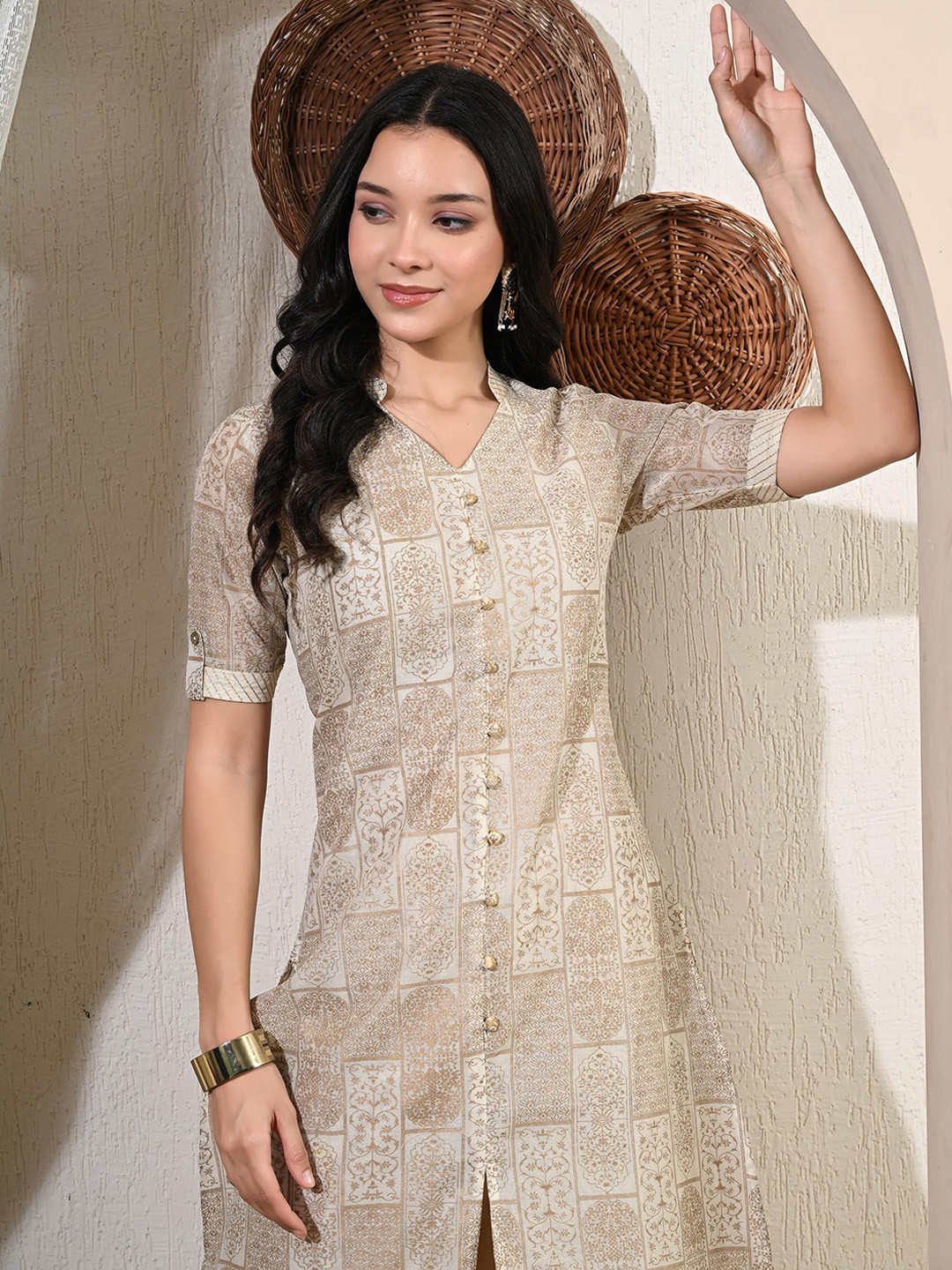 Ethnic Motifs Printed Mandarin Collar Cuffed Sleeves Shirt Style Top