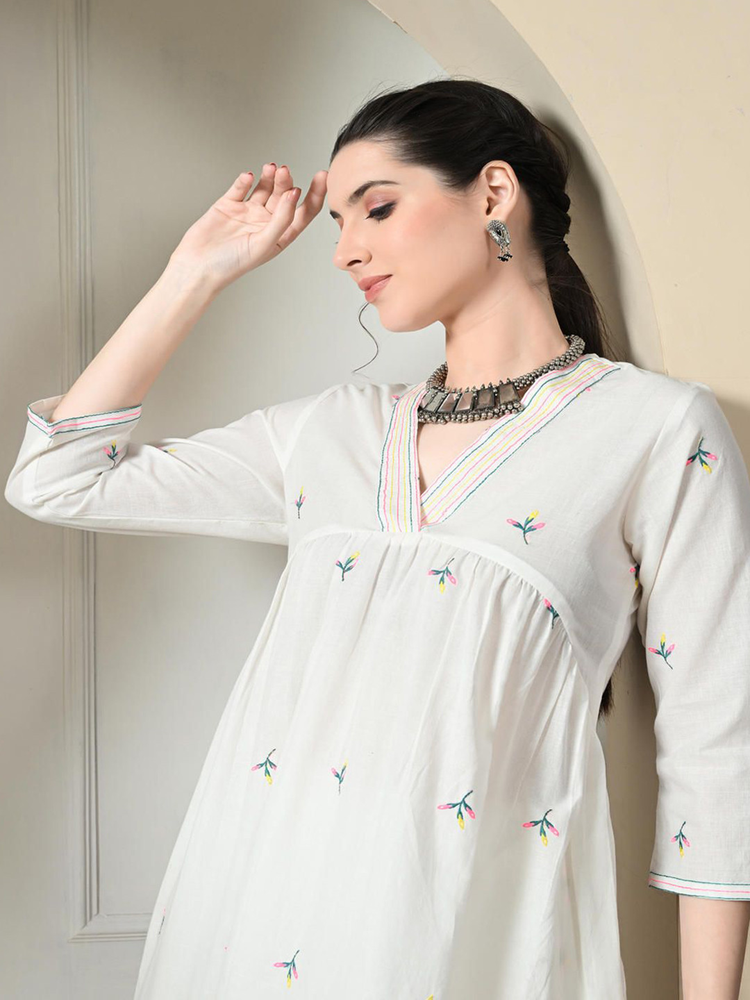 Women Pink Ethnic Floral Embroidered Kurta with Palazzos - Complete Set