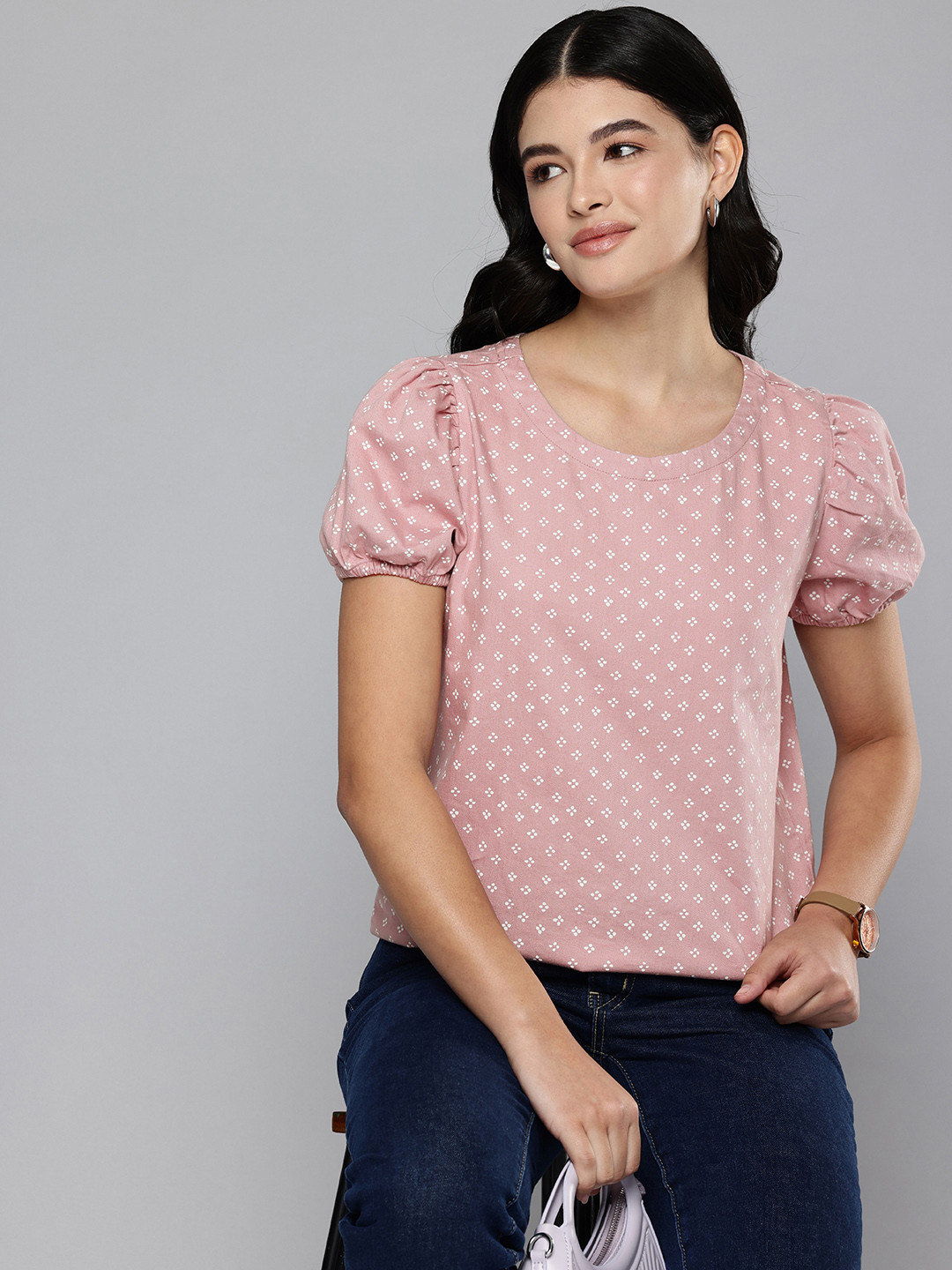 Girls Blue Polk Dot Printed Puff Sleeves Top With Denim Dungaree Set main image 0