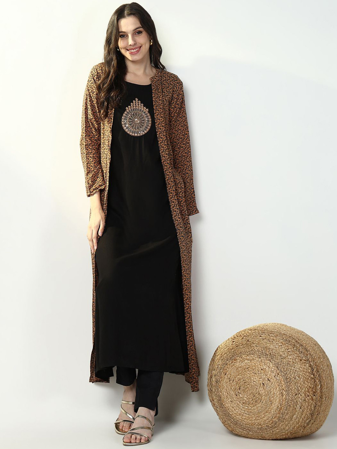 Women's Solid A-Line Kantha Work Black Kurta Set with Shrug