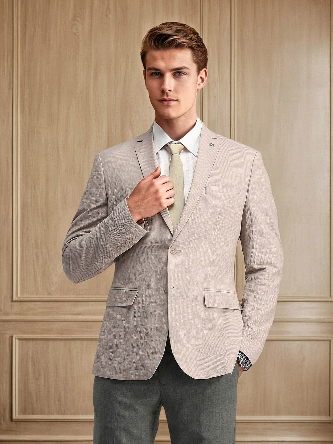 Men's Grey Slim Fit Notched Lapel Single Breasted Blazer