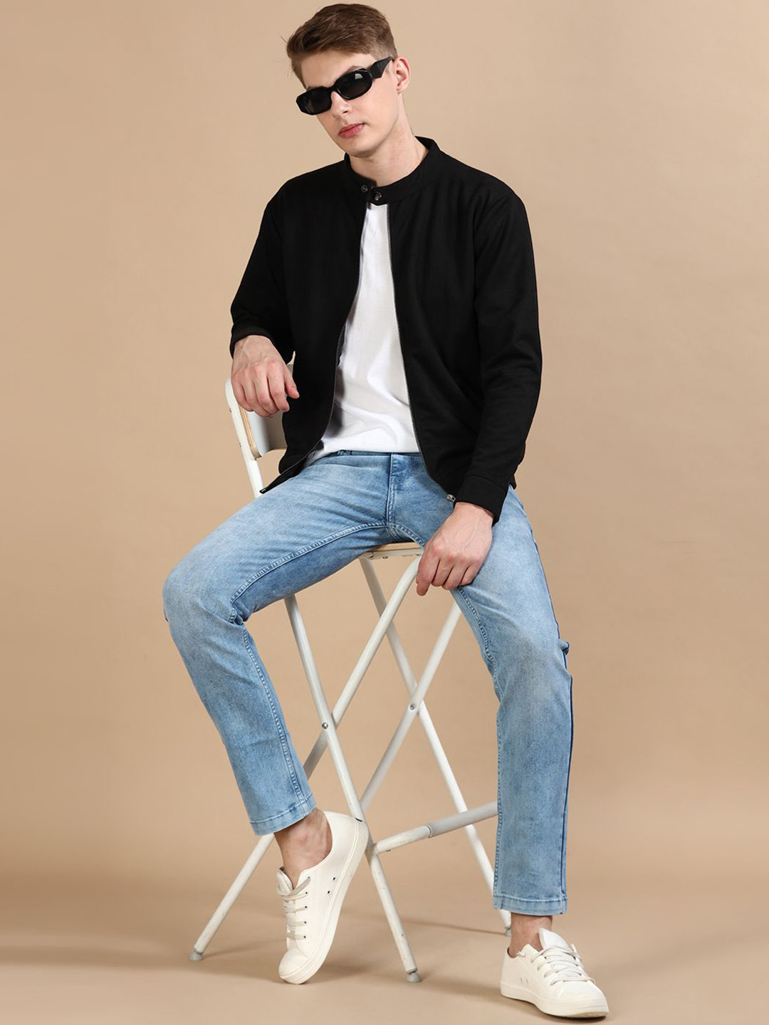 Men's Mandarin Collar Black Solid Reversible Bomber Jacket