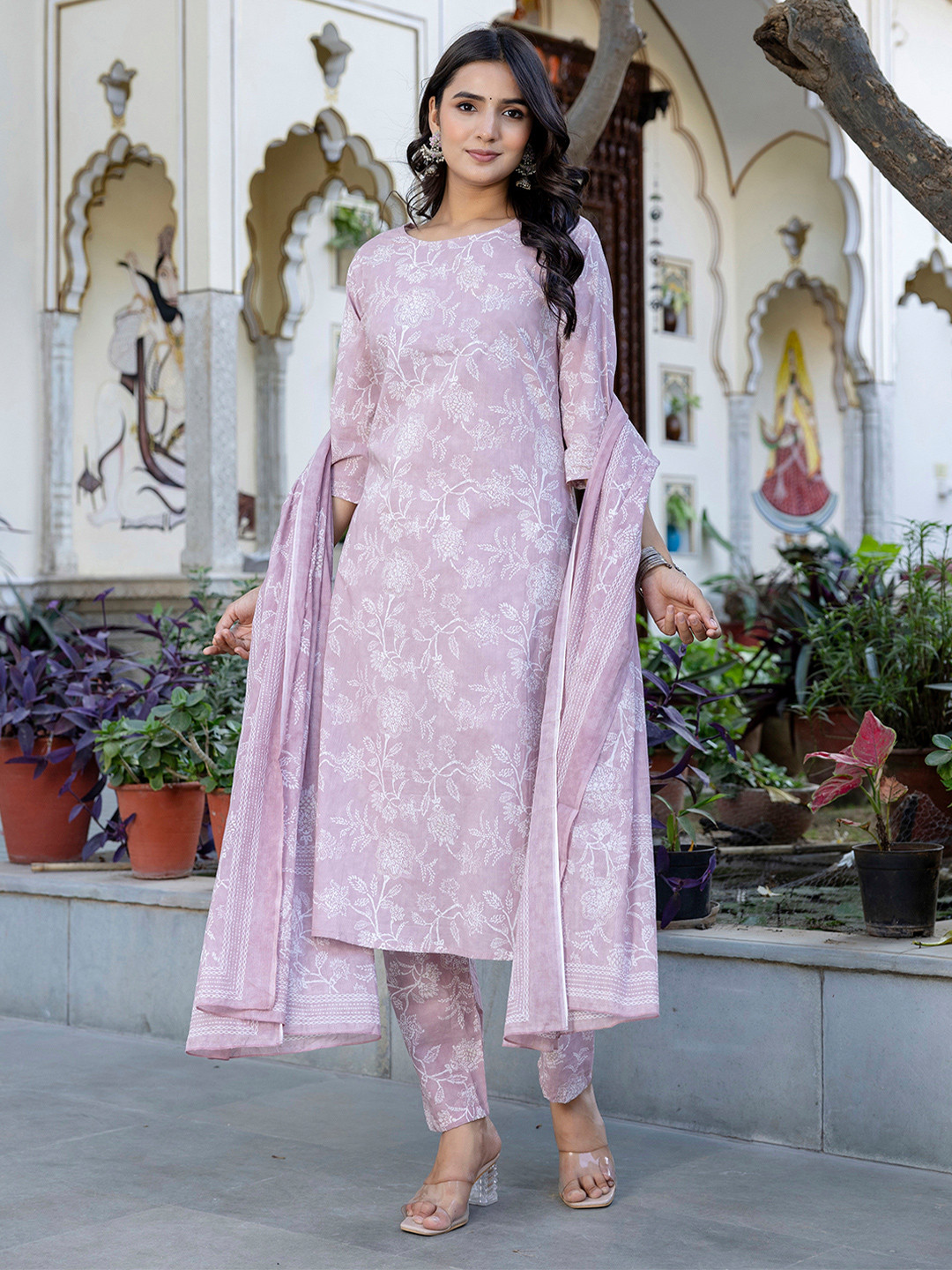 Women Floral Printed V-Neck Pure Cotton Straight Kurta With Trousers & Dupatta Set