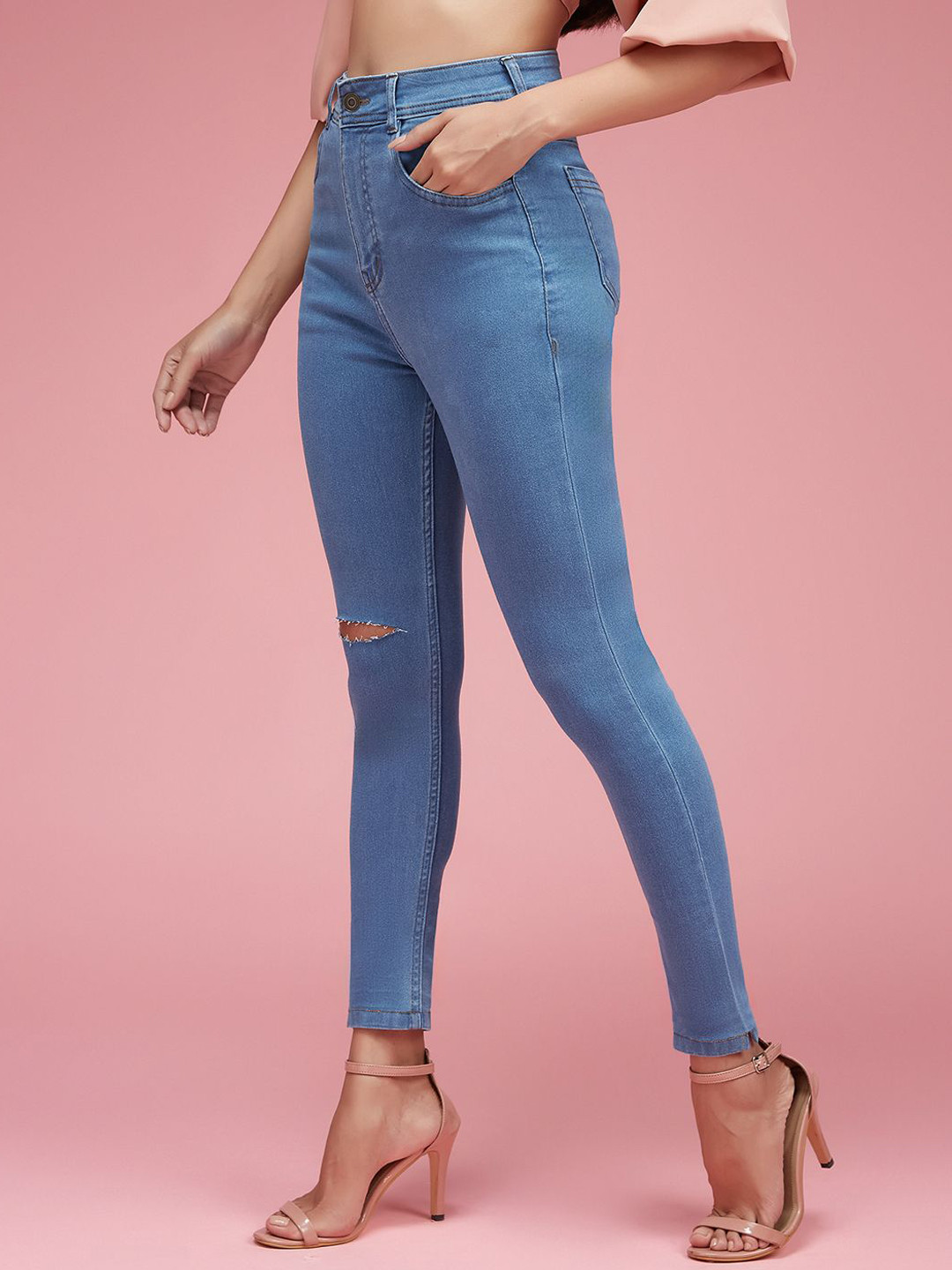Women's Blue Skinny Fit High-Rise Mildly Distressed Stretchable Jeans