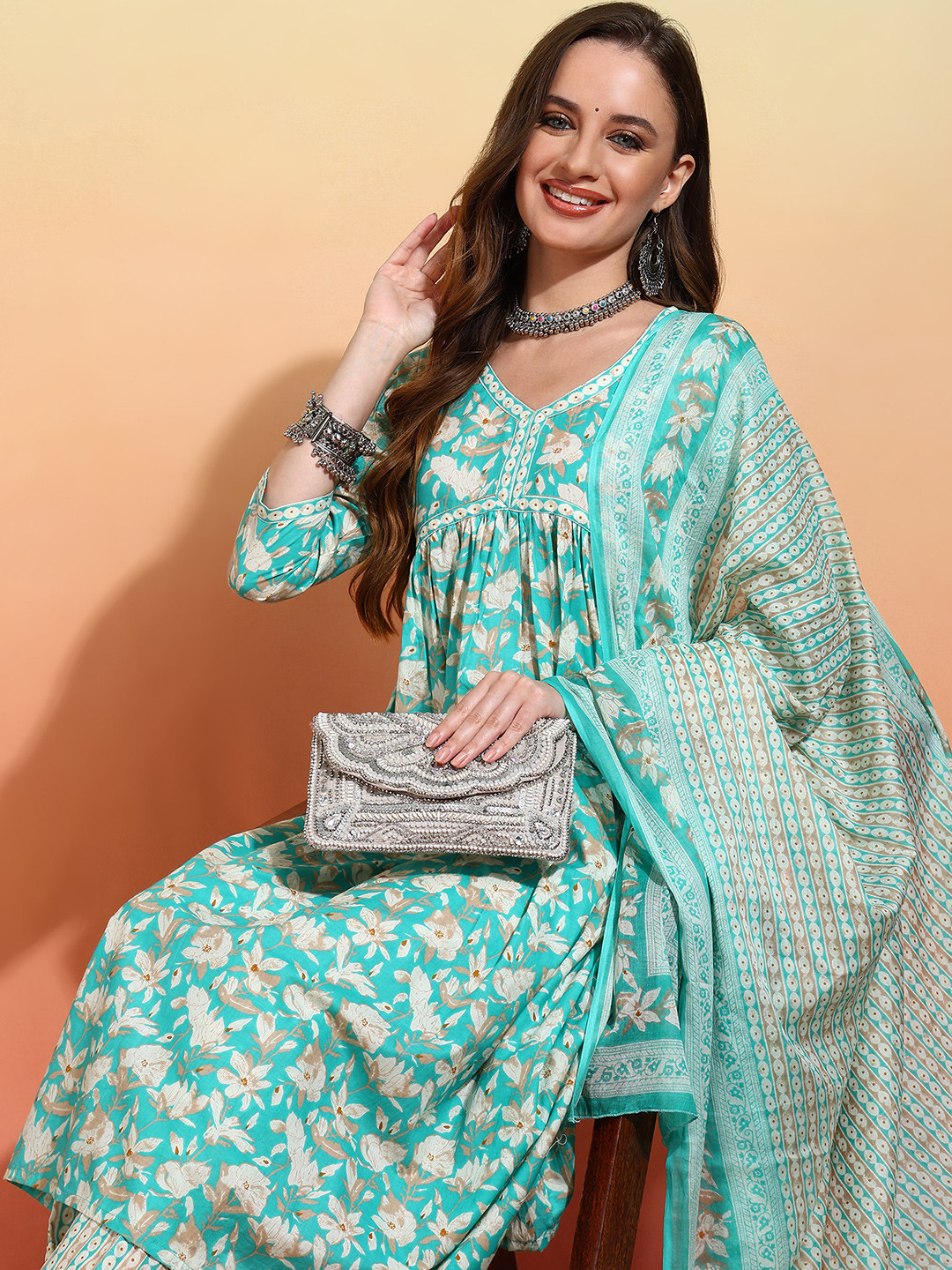 Women Green Anarkali Spaghetti Strap Kurta With Tonal Bottom & Dupatta