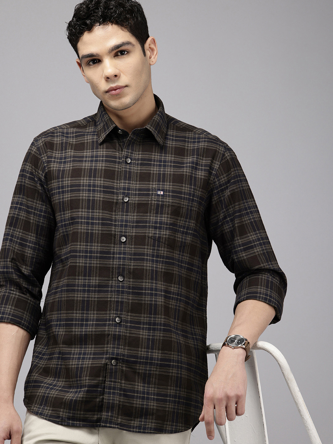 Men's Beige Long Sleeves Classic Tartan Checked Casual Cotton Shirt