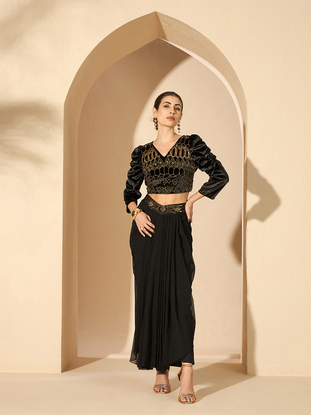 Antheaa Velvet Embellished V-Neck Tunic & Trousers Co-Ords main image 1