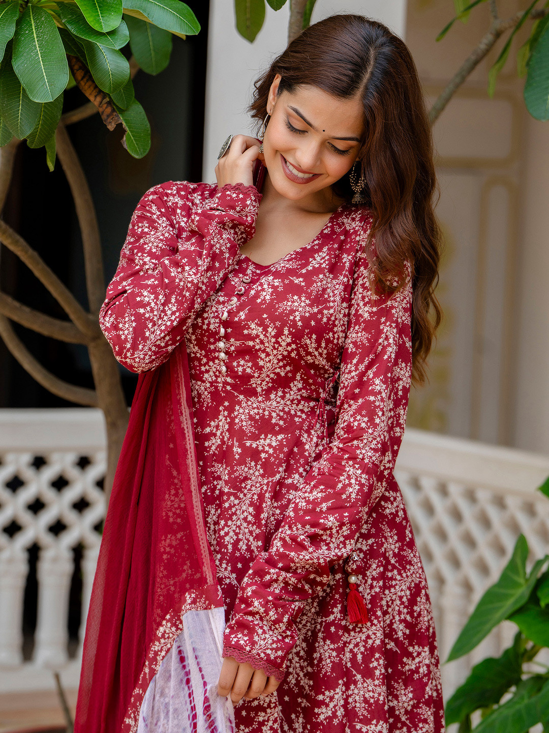 Women Coffee Brown Embroidered Aari Work Kurta With Trousers & Dupatta