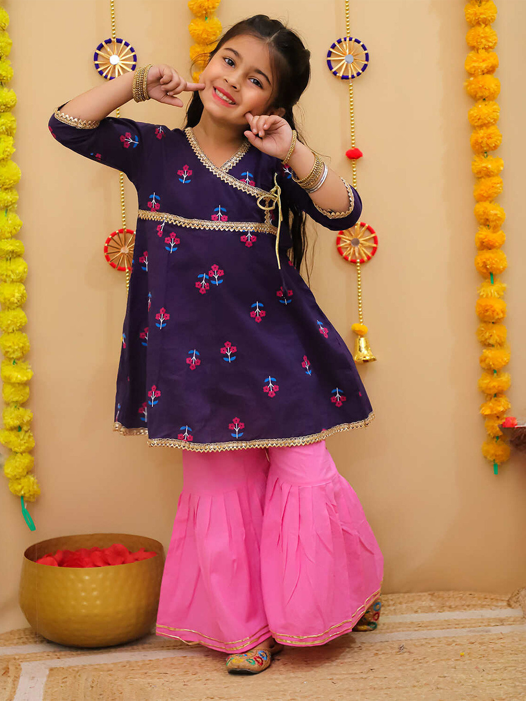 Buy LITTLE GINNIE Girls Printed Regular Kurti With Sharara Kurta Sets buy-little-ginnie-girls-printed-regular-kurti-with-sharara-kurta-sets
