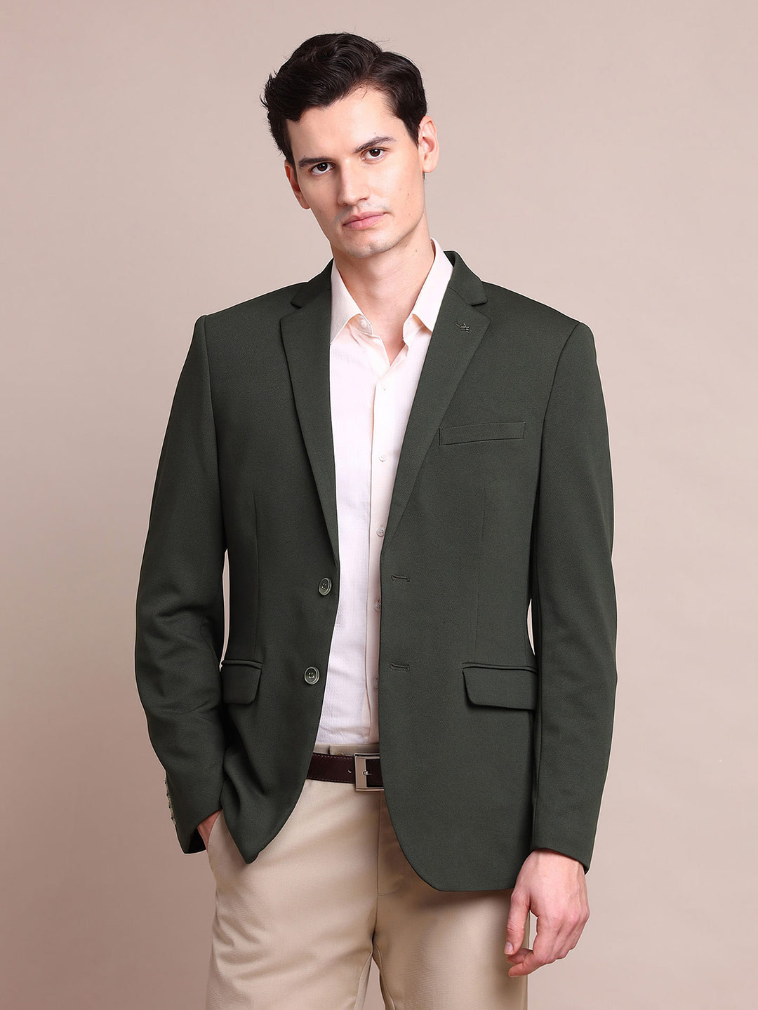Men's Textured Dark Green Single-Breasted Blazer with Notched Lapel
