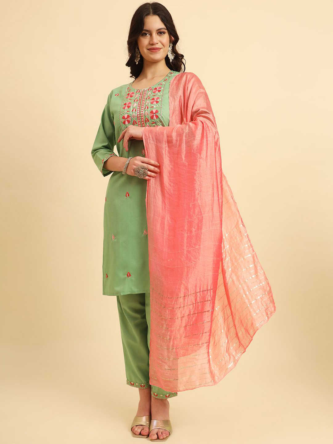 Women White Embroidered Organza Straight Kurta Trouser With Dupatta